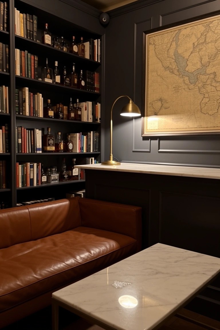 Dark-paneled lounge corner featuring floor-to-ceiling built-in bookshelves stocked with books and whiskey bottles, leather sofa, marble table, brass lamp, and vintage map on wall