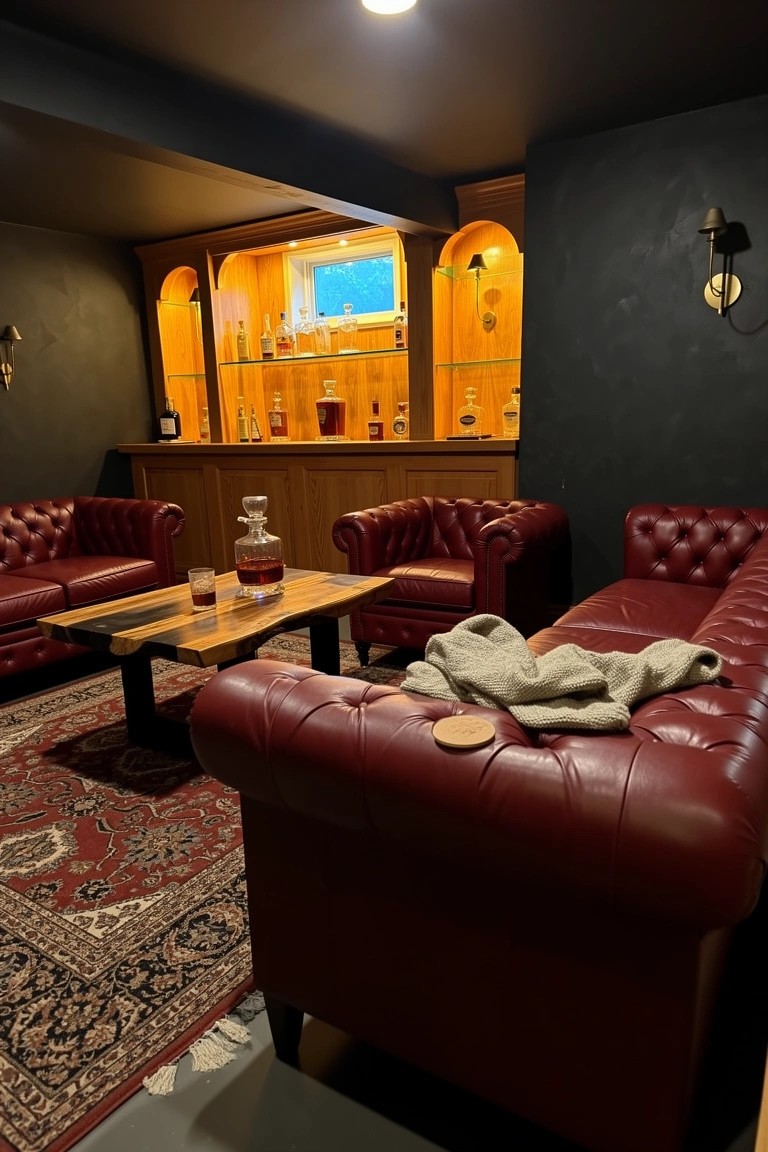 Red leather Chesterfield sofas facing across a low wood coffee table in a dark-walled basement lounge with backlit bar shelves