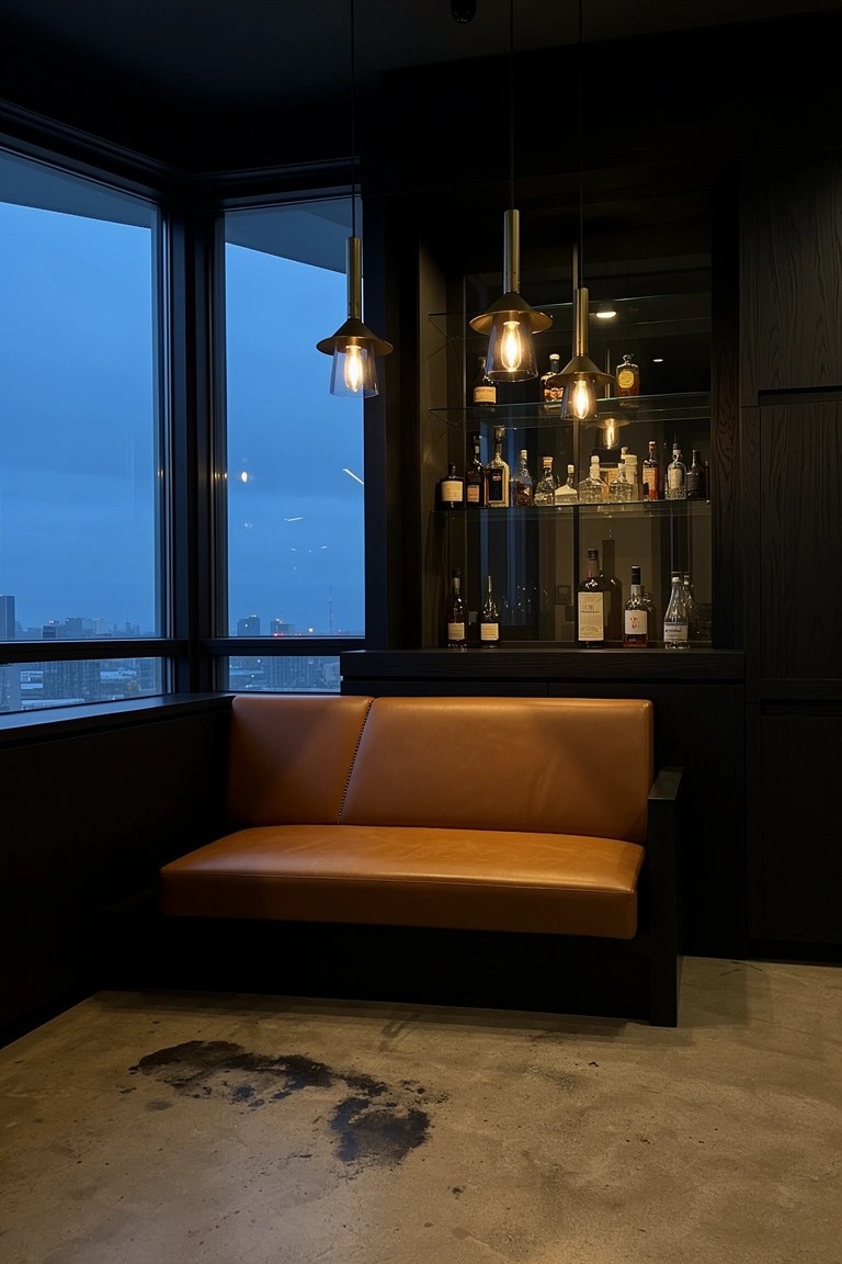 Dark built-in corner bar with tan leather bench, pendant lights over shelves of whiskey bottles, and large windows showing city view