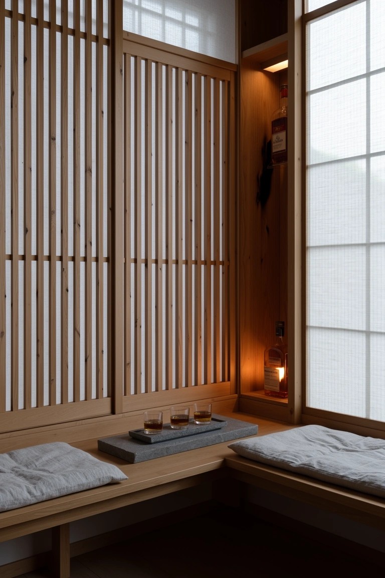 Cozy wooden corner nook with sliding screens, cushioned benches, and whiskey glasses on a slate tray by a window