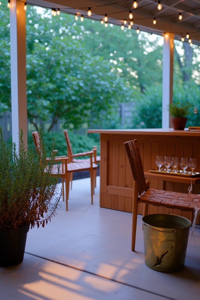 Wooden bar counter on covered porch with stools, string lights overhead, potted plants, and yard view