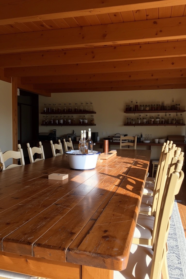 Long wooden dining table with white chairs, whiskey bottles, and a bowl in a wood-beamed room with open shelves of jars
