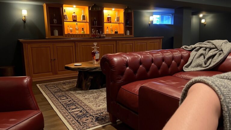 21 Refined Whiskey Lounge Ideas For A Polished At Home Escape Red leather Chesterfield sofas facing across a low wood coffee table in a dark-walled basement lounge with backlit bar shelves