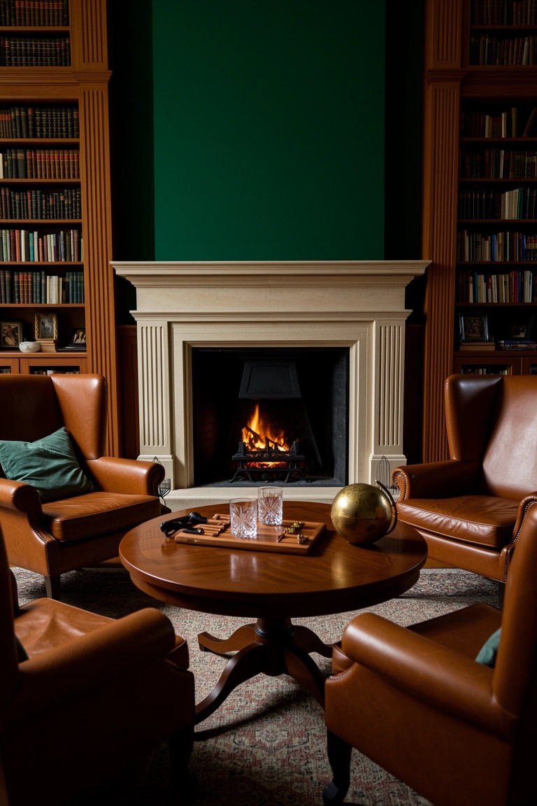 Leather armchairs around a low round table with whiskey glasses and a chessboard, set before a lit fireplace in a book-lined room