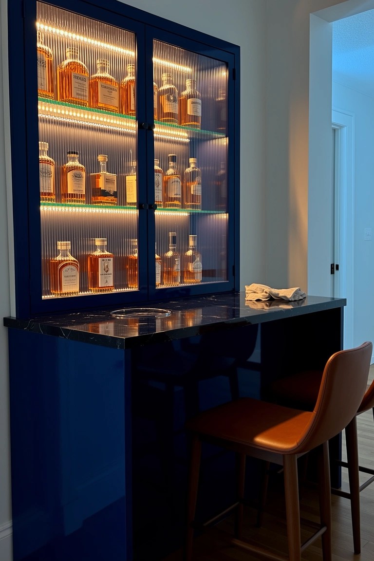 Blue backlit glass cabinet displaying whiskey bottles on illuminated shelves above a black countertop bar with stools