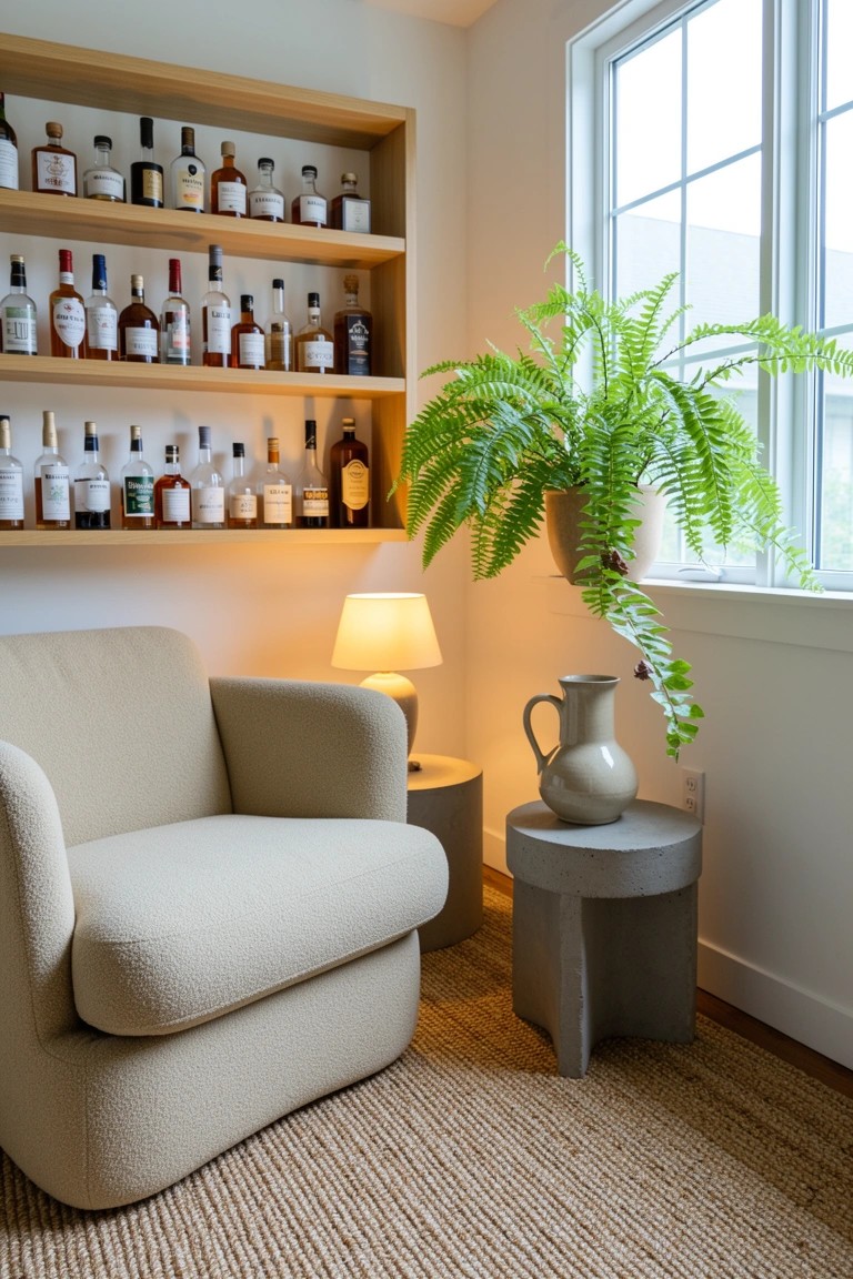 Tall wooden open shelves stocked with whiskey bottles above a cream bouclé armchair and side table in a bright corner room
