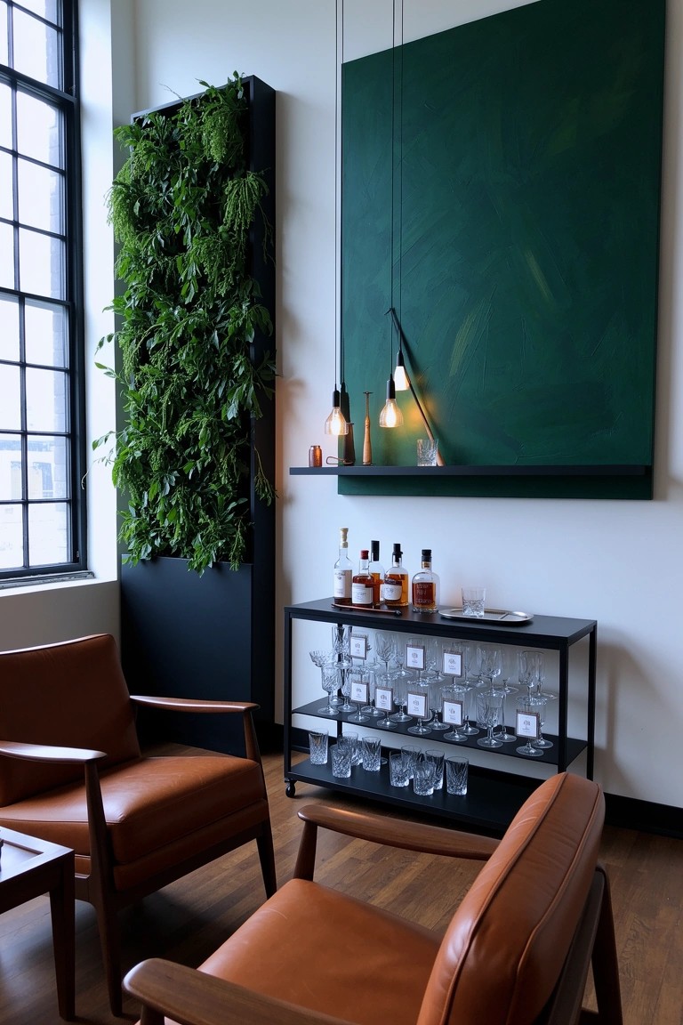 Tall vertical living green wall beside a black metal shelf holding whiskey bottles and glasses in a modern lounge corner with leather chairs and pendant lights