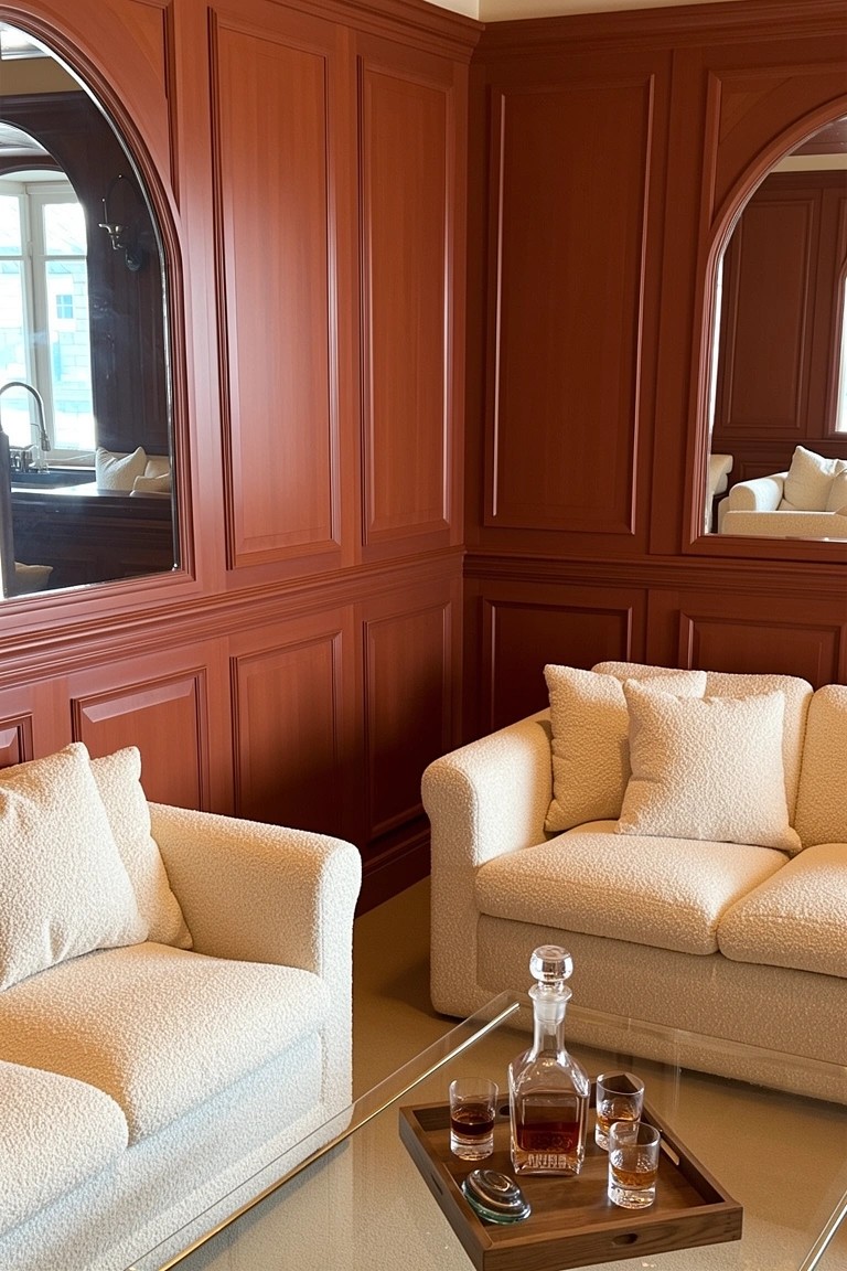 Cozy lounge corner with deep red wood paneling, arched mirrors, white bouclé sofas, and whiskey decanter on glass coffee table