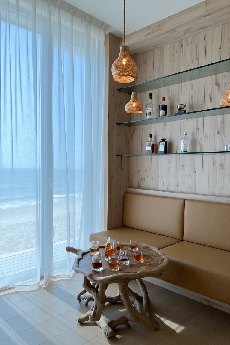 Light wood-paneled wall with floating glass shelves displaying whiskey bottles and glasses, low wooden table with drinks, and beige bench seating in a bright corner