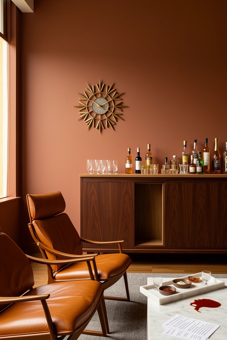 Wooden credenza bar stocked with whiskey bottles and glasses in a terracotta-walled lounge with leather armchairs and sunburst clock