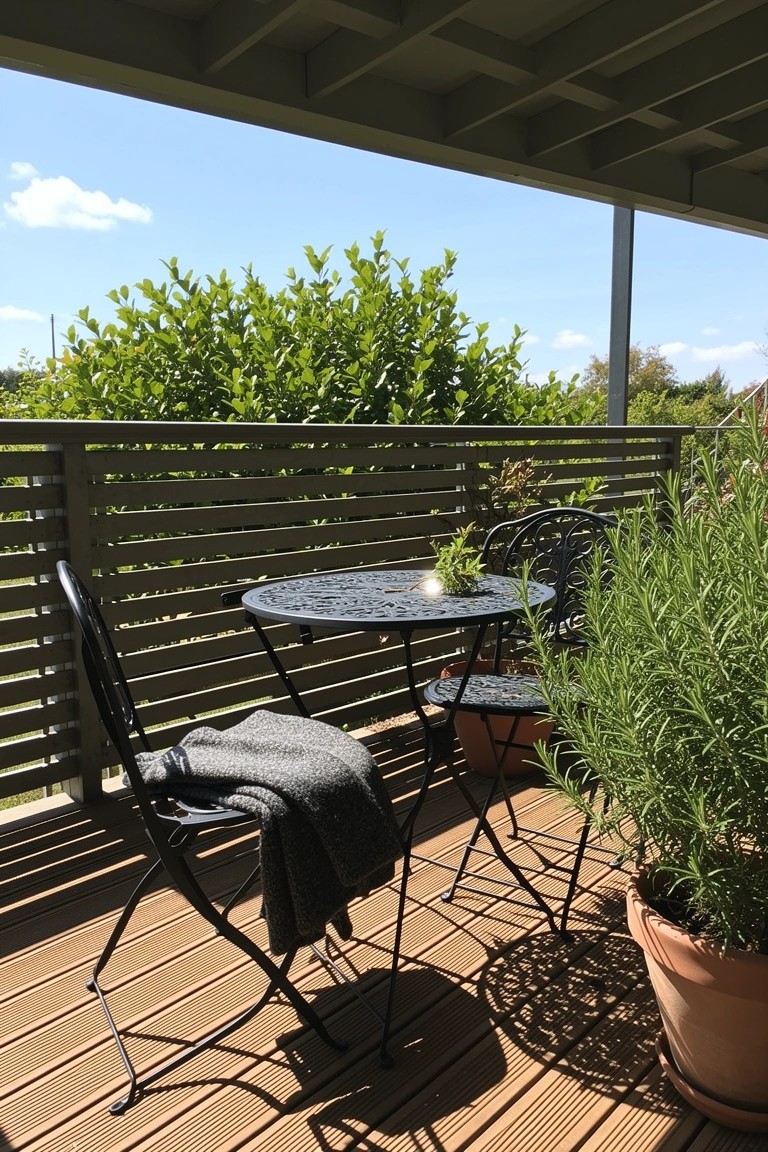 Small black metal bistro table and chairs on a wooden deck balcony with potted rosemary plants and a gray blanket on one chair