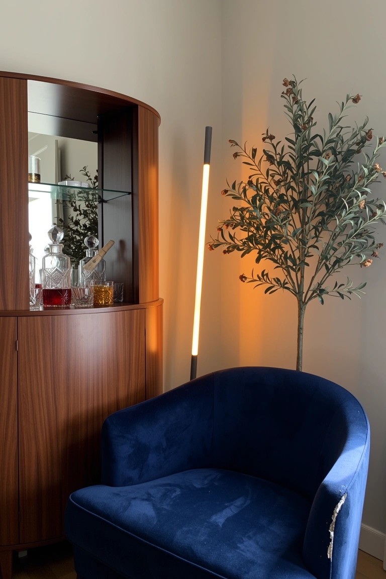 Room corner with curved dark wood bar cabinet holding bottles and glasses, neon tube floor lamp, potted olive tree, and navy blue velvet armchair