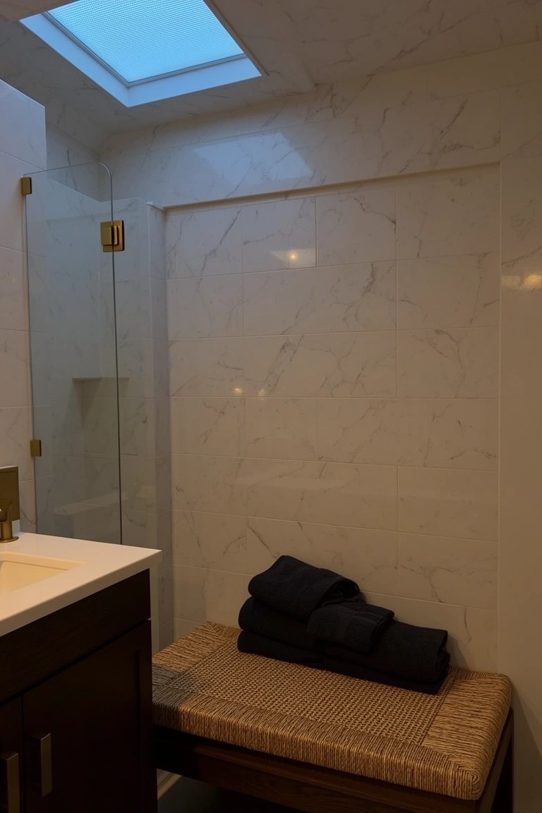 Marble bathroom with overhead skylight above glass shower enclosure, dark wood vanity, and bench holding folded black towels