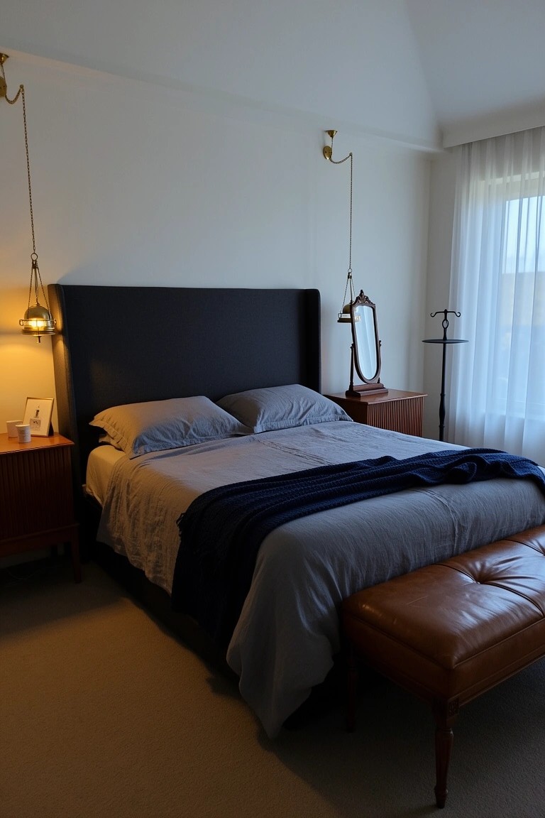 Bedroom featuring hanging brass pendant lights beside a dark upholstered headboard bed with gray linens