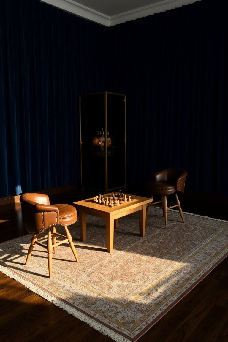 Room corner with wooden chess table and pieces, two leather swivel stools, dark blue curtains, wooden display cabinet, and oriental rug on hardwood floor