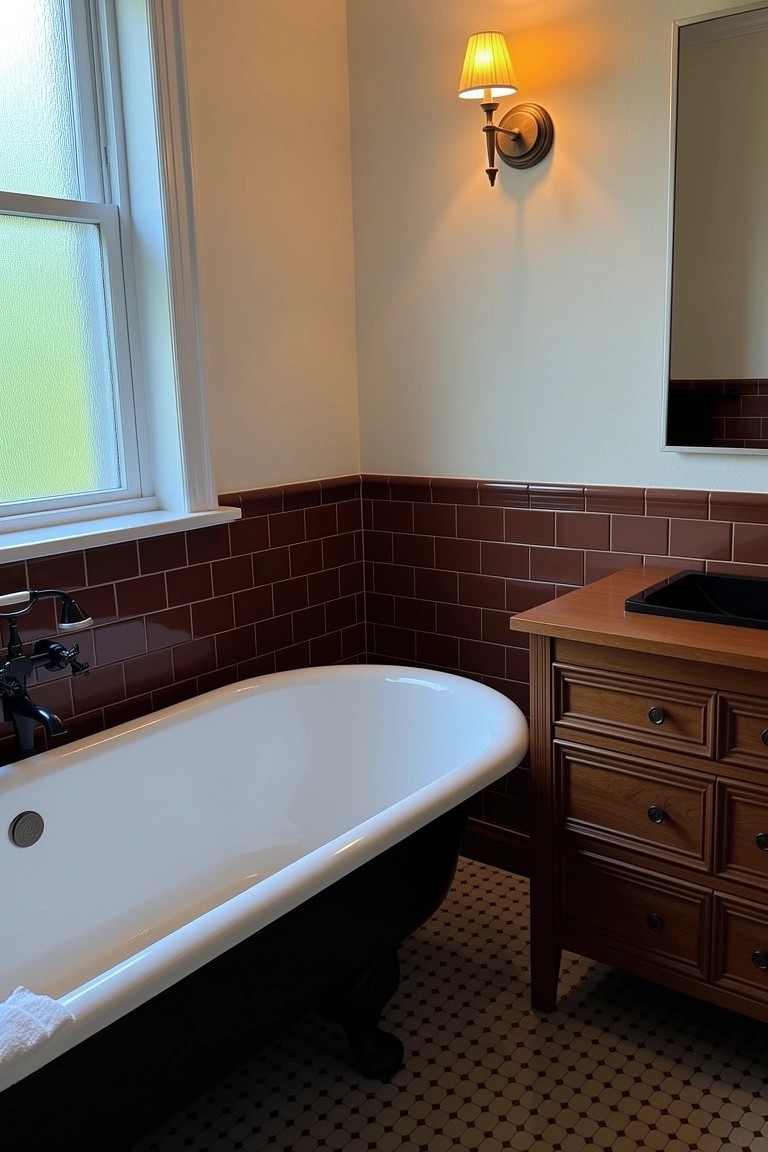 Vintage bathroom corner with white clawfoot tub on black base, wooden vanity sink, brown brick tile wainscot, checkered black-and-white floor, wall sconce and mirror