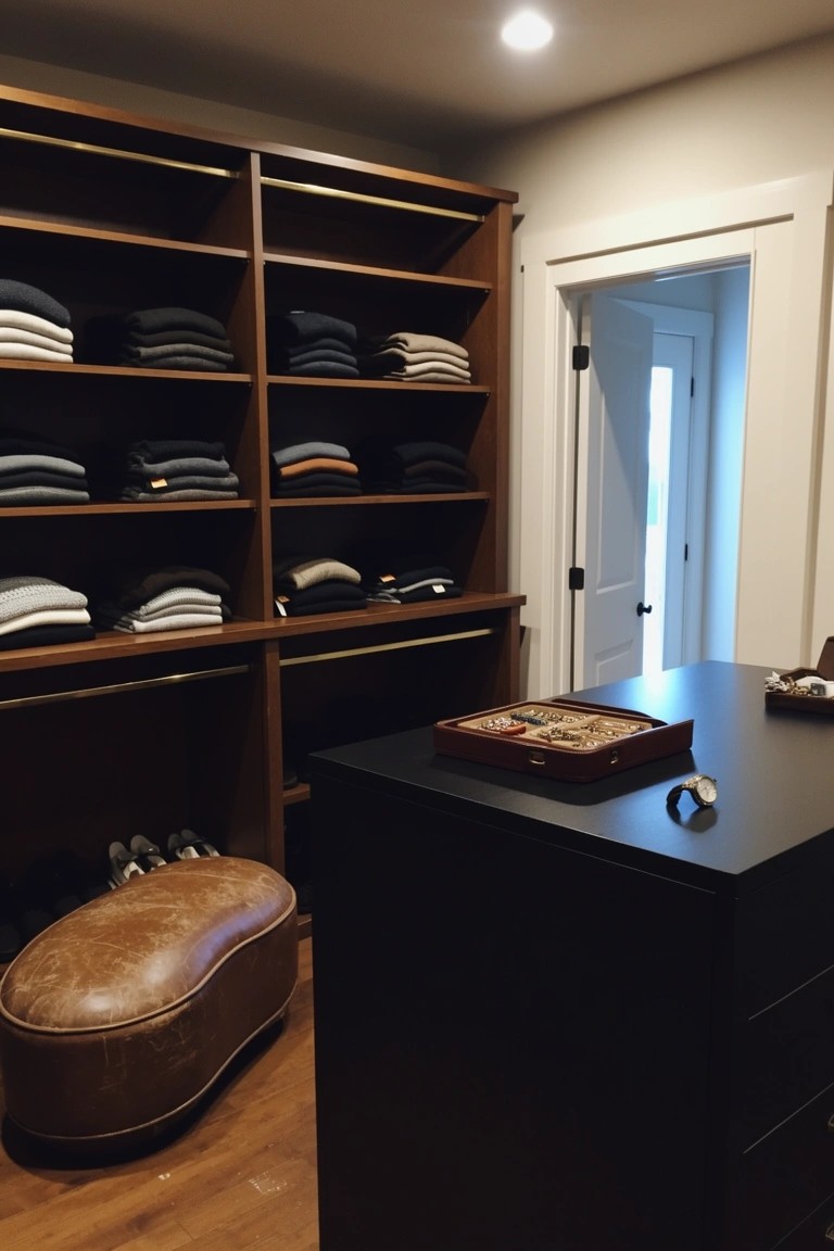 Walk-in closet with warm wood built-in shelves holding folded sweaters, central black-topped island with drawers, leather ottoman, and shoes nearby