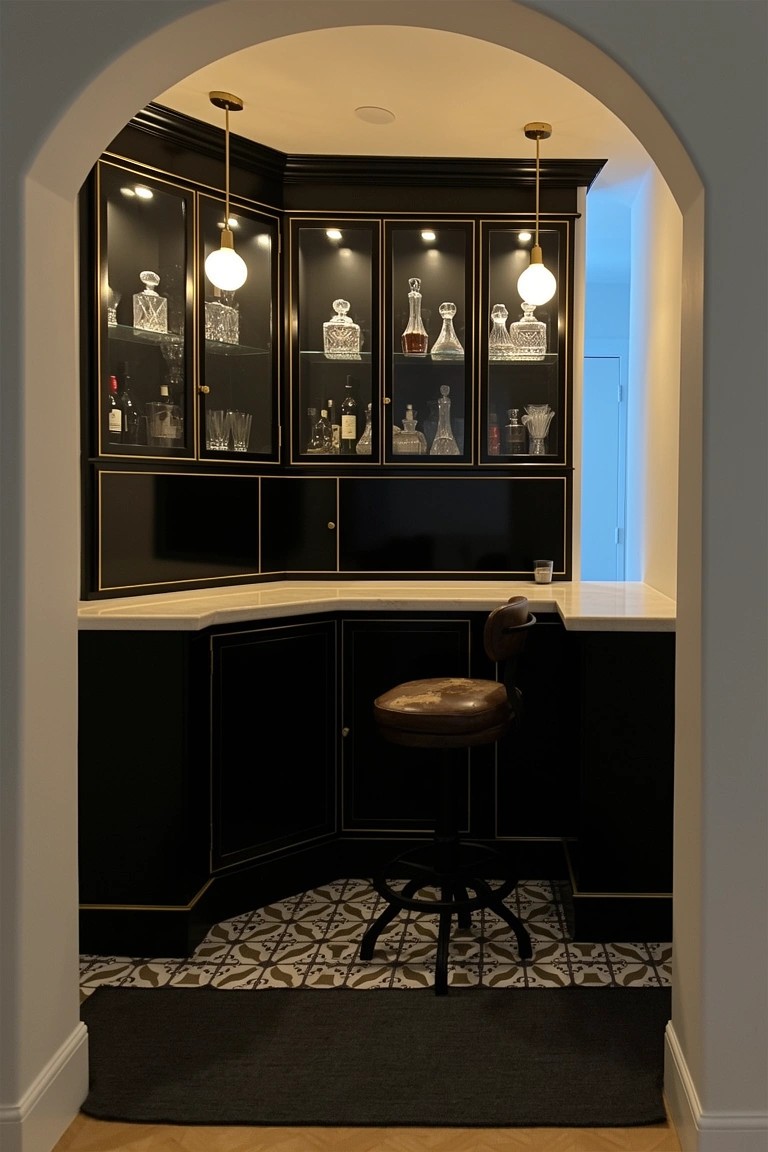 Black corner bar cabinet with lit glass shelves holding liquor bottles, white countertop, and swivel stool