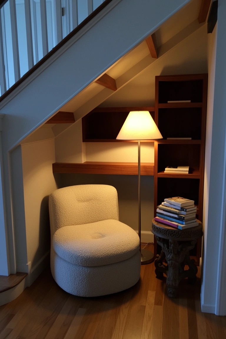 Cozy seating nook under stairs with cream armchair, lamp on wooden shelves, and stack of books on carved table