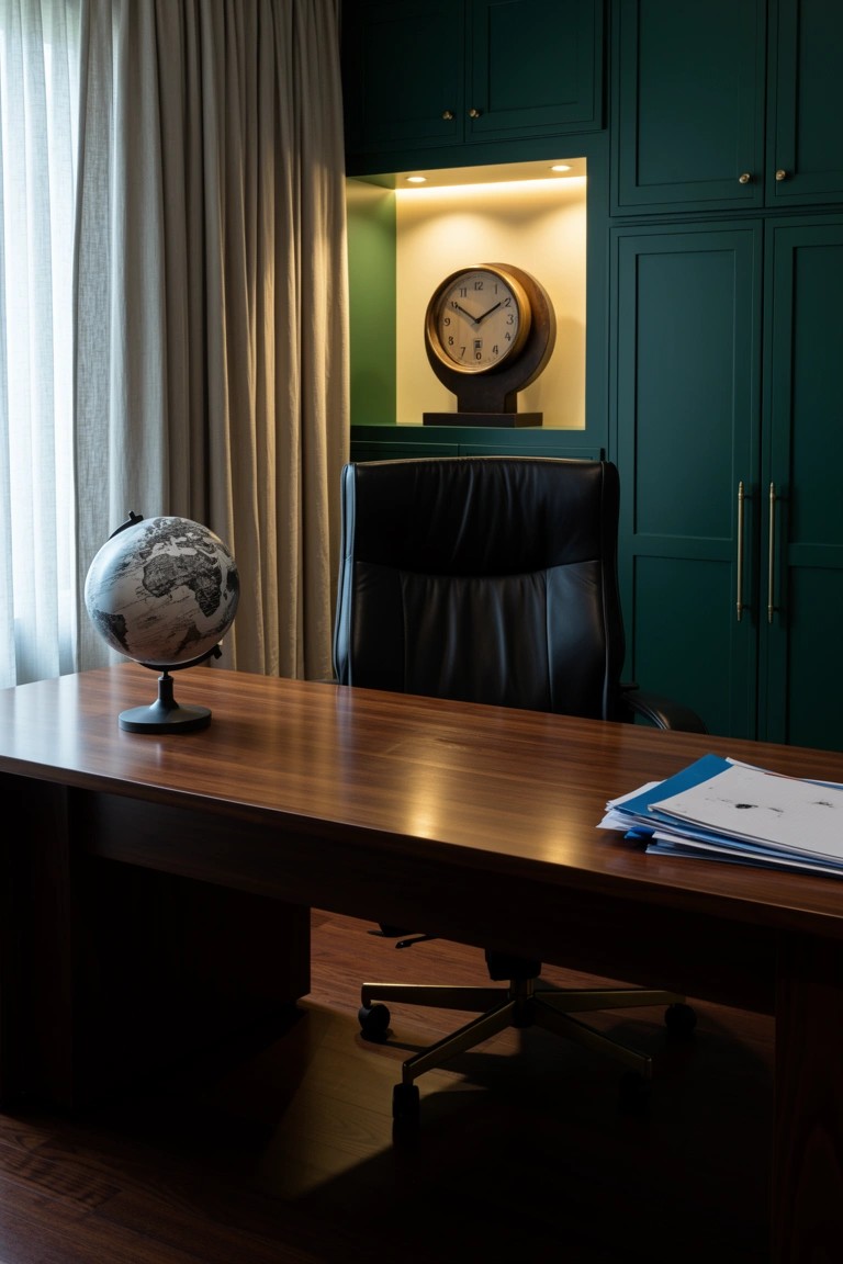 Home study with deep green built-in cabinets featuring a lit niche and clock, wooden desk, globe, black leather chair, and sheer window curtains