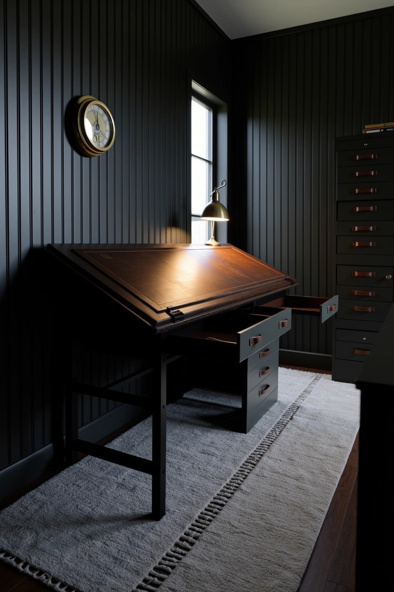 Dark wood-paneled study with large angled drafting desk, brass lamp, nautical clock, and filing cabinet