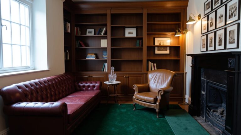 Wood-paneled study with integrated bookshelves, red leather sofa and armchair, green rug, and fireplace
