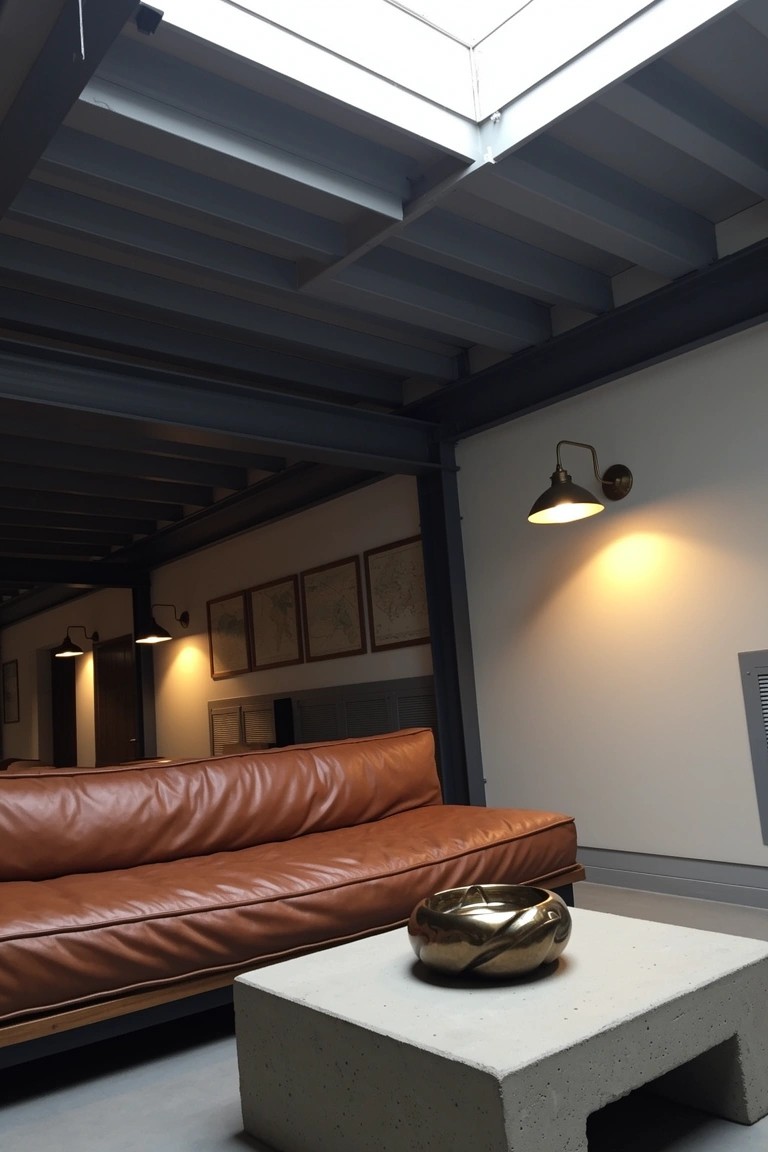 Industrial loft lounge with long tan leather sofa, low concrete coffee table holding a bronze bowl, exposed black steel beams, skylight overhead, and brass wall sconces on white walls