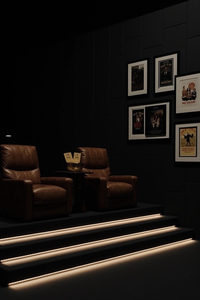 Dark room with black tiled walls, two brown leather armchairs on a raised platform with LED-lit steps, small table between chairs, and framed movie posters