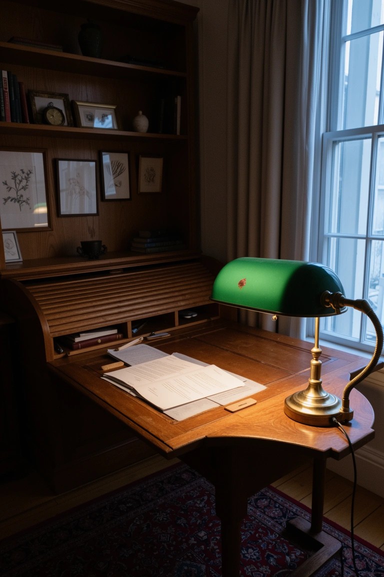Wooden roll-top desk with green banker's lamp and papers in a cozy home study corner