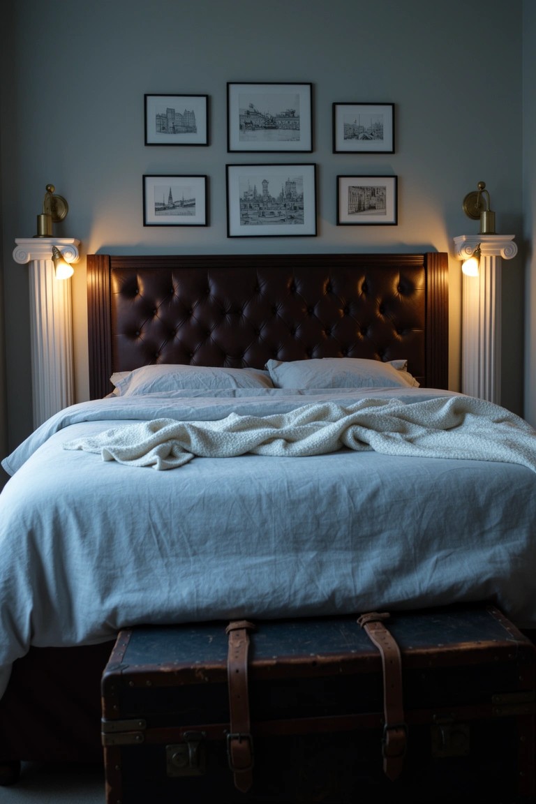 Bedroom with dark tufted headboard, vintage trunk at foot, column lamps, and black-and-white city prints on gray wall