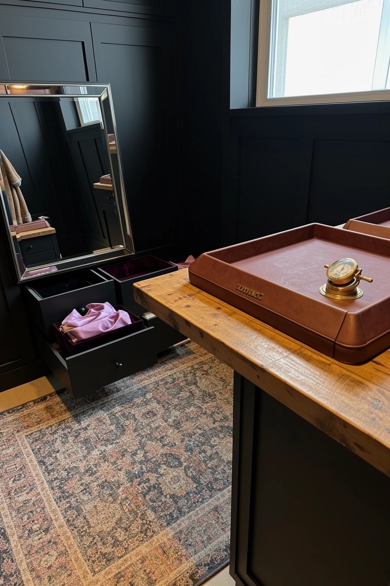 Dark paneled dressing room featuring a wooden counter with leather tray holding a watch, adjacent mirror and open drawer with pink shirt