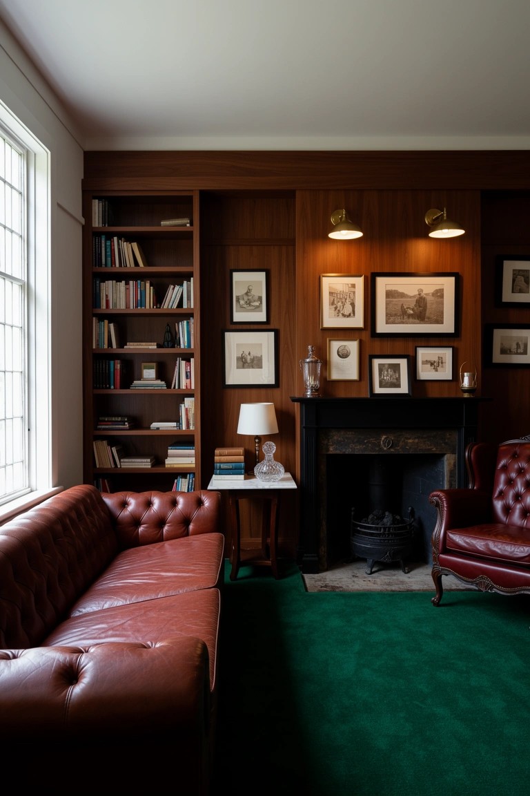 Wood-paneled study with integrated bookshelves, red leather sofa and armchair, green rug, and fireplace