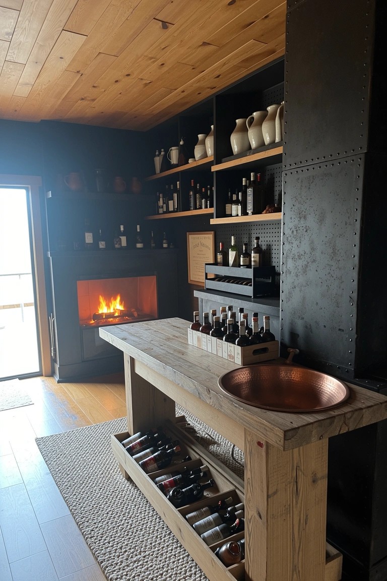 Wood bar table with under-storage for bottles next to black industrial metal pillars and shelves in a cozy whiskey room with fireplace