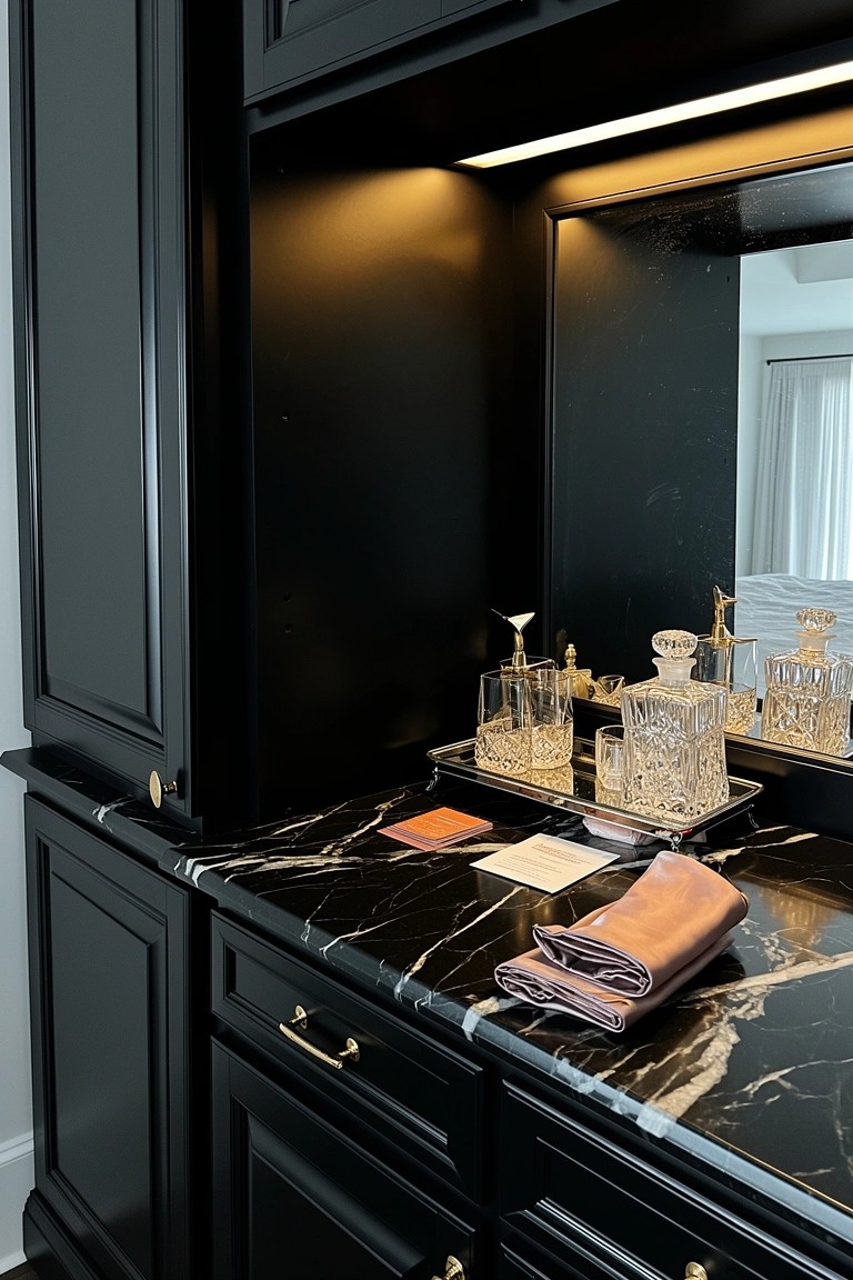 Black wooden bar cabinet with marble countertop holding crystal decanters and glasses on a silver tray, backlit with mirror behind