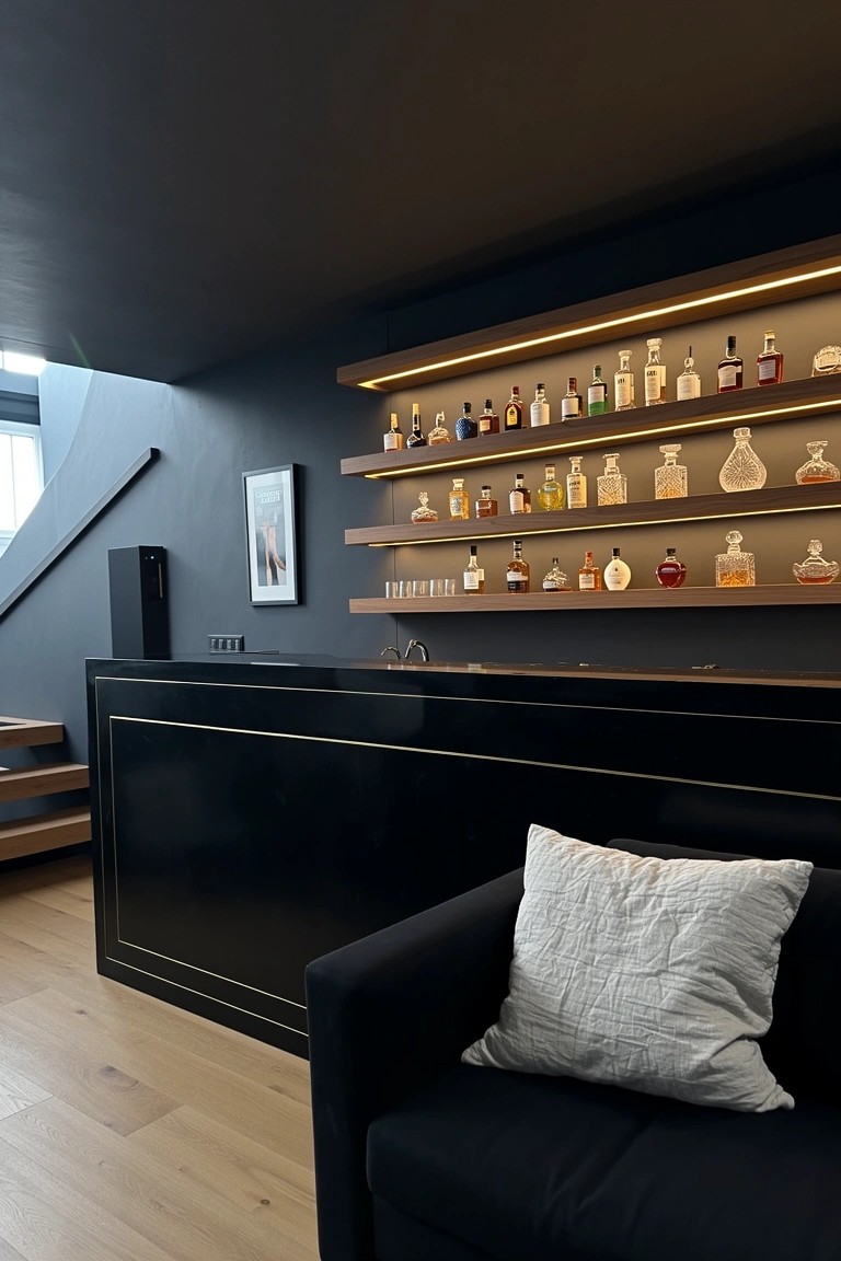 Sleek black home bar with backlit glass shelves displaying rows of liquor bottles, black armchair nearby, and wood flooring
