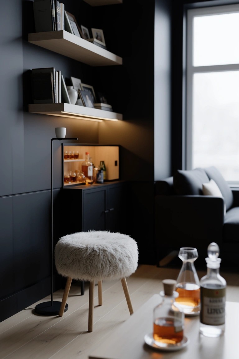 Modern black room featuring built-in bar cabinet with lit whiskey bottles, open shelves above, white pouf stool, and decanters on wood floor