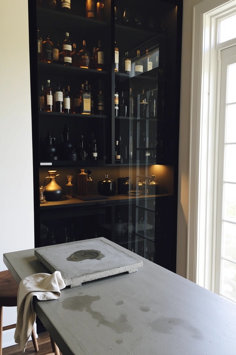 Tall black glass-front cabinet filled with whiskey bottles on illuminated shelves, paired with a gray concrete bar table and stools