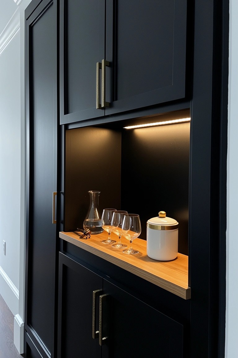 Black cabinetry with brass handles and a lit niche shelf displaying wine glasses, decanter, and white jar on wood ledge