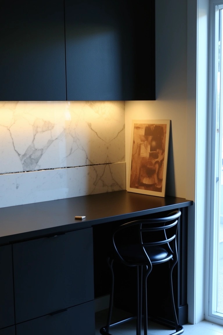 Black cabinets and white marble backsplash forming a compact modern workspace nook with a stool and framed art