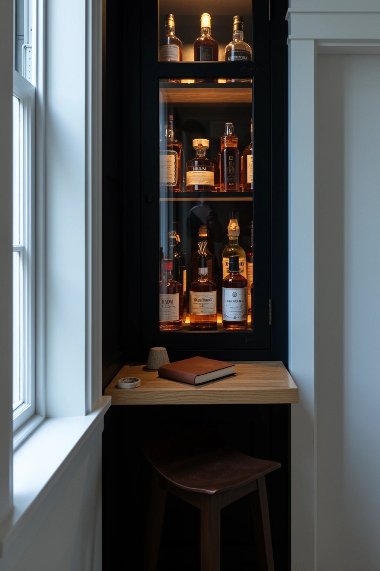 Tall black glass-door cabinet in room corner displaying backlit whiskey bottles on wood shelves with small ledge, stool, book, and cup below