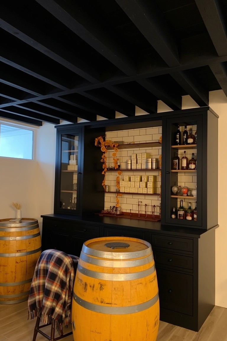 Black wooden hutch with glass doors displaying whiskey bottles and fall decor, wooden barrels nearby in a home bar setup
