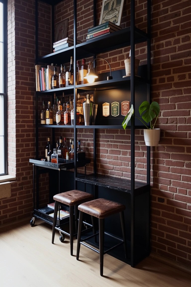 Black metal shelves stocked with whiskey bottles and books against an exposed brick wall, with bar stools and a cart nearby