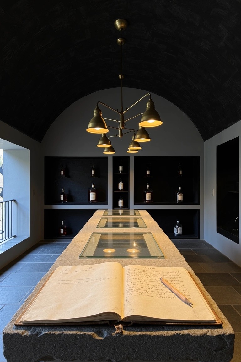 Black arched whiskey room with built-in bottle shelves, brass chandelier, and central stone table holding open journal