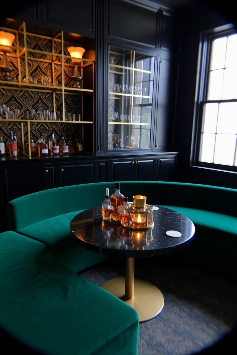 Dark whiskey room with black walls and bar cabinetry, emerald green curved booth sofa around a black round table holding whiskey bottles and candles