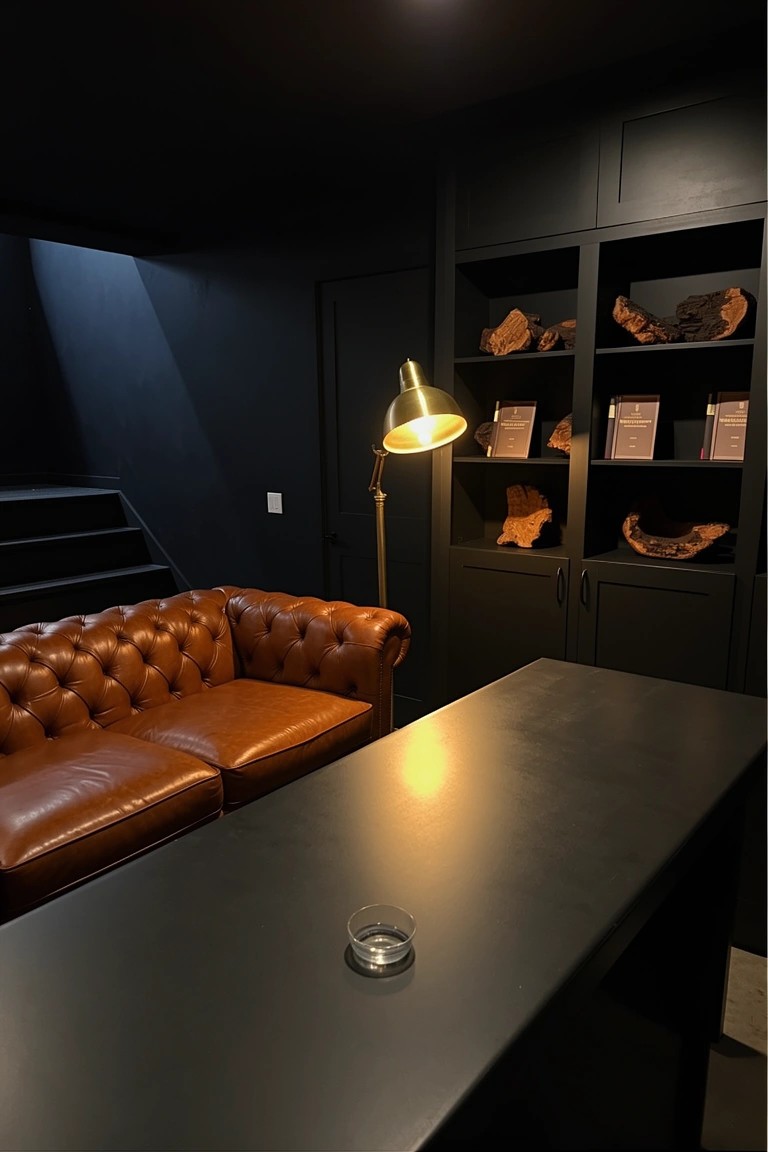 Black-walled room with orange tufted leather sofa, brass lamp on black desk, and wood shelves.