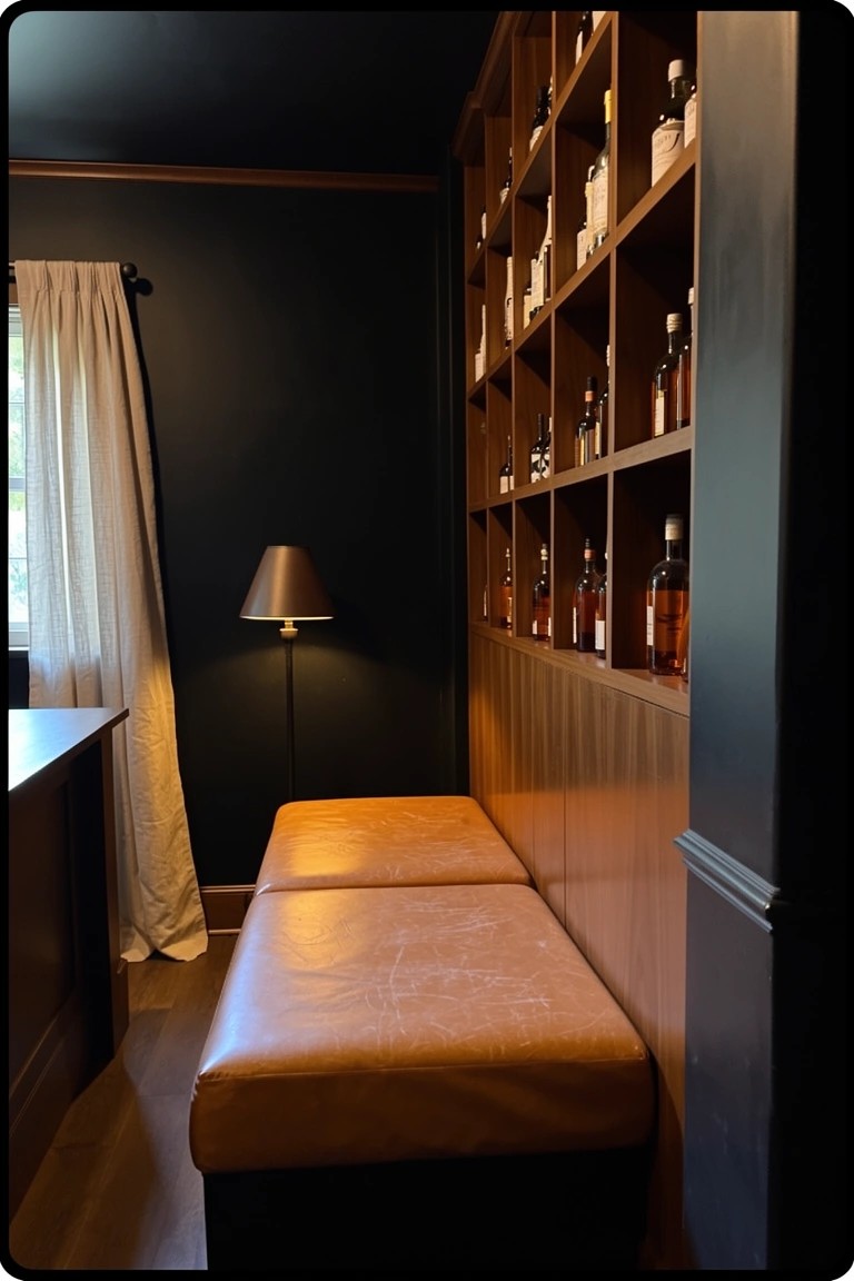 Dark paneled room with tall wooden shelves displaying whiskey bottles, leather bench, and a lamp