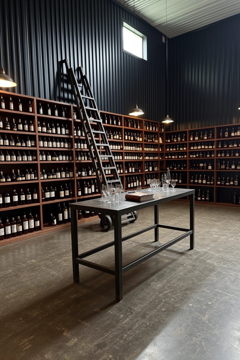Black-walled room with full wooden shelves of whiskey bottles, tall rolling ladder, and metal table with glasses