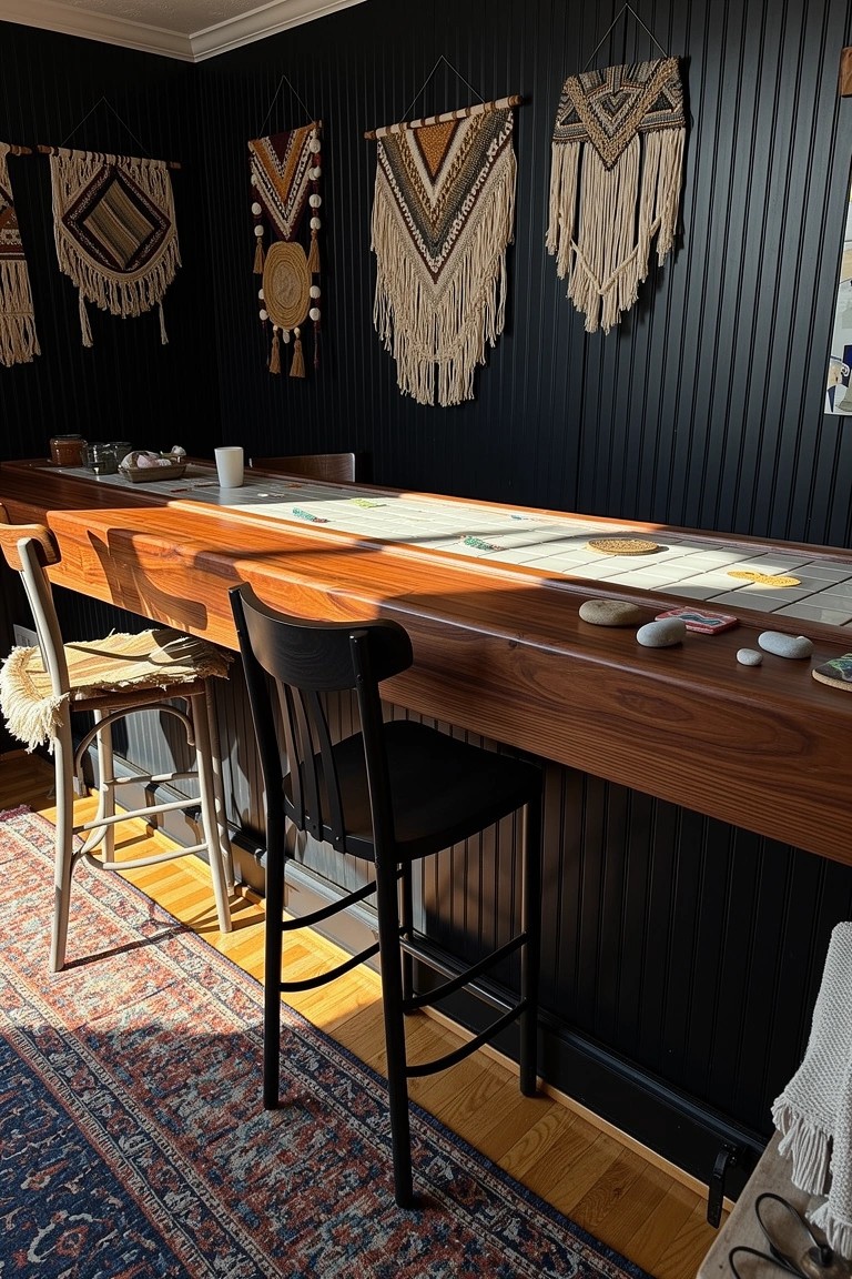 Wood bar with stools against black paneled walls, accented by macrame hangings and a colorful rug