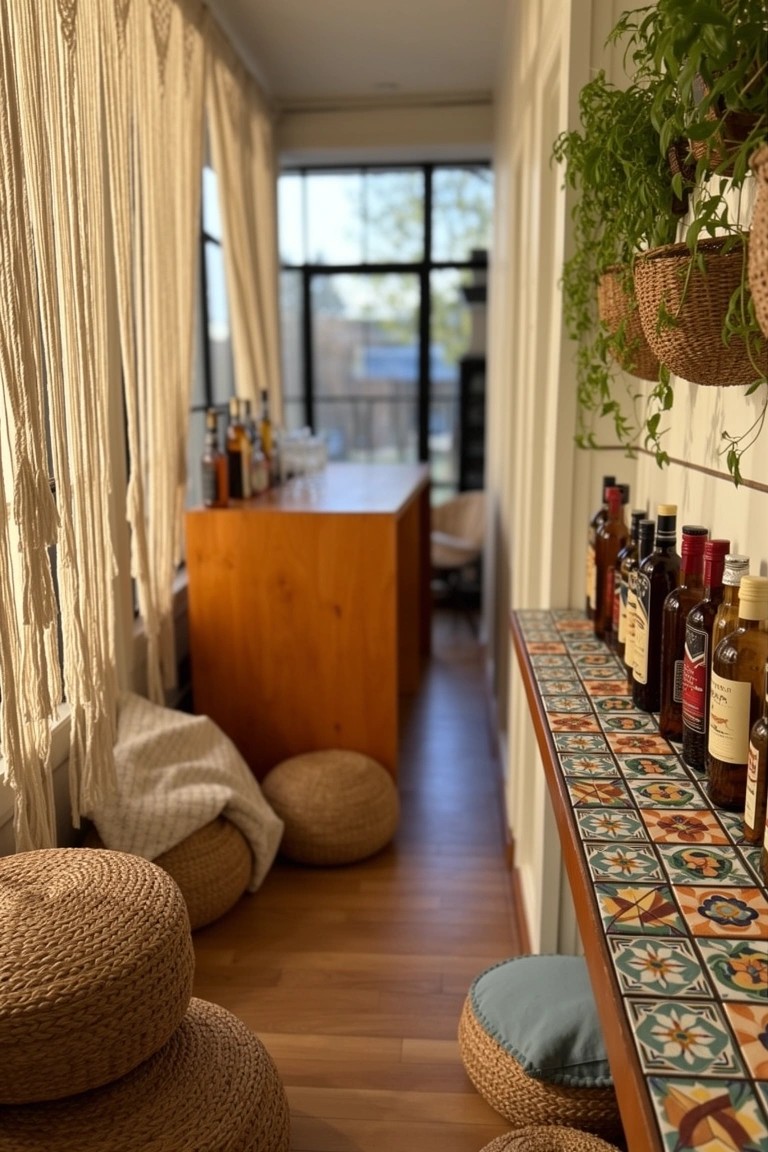 Narrow sunlit hallway bar with wooden counter stocked with liquor bottles, woven poufs for seating, hanging plants, and beige curtains on large windows