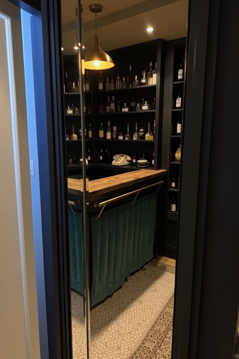 Dark-paneled speakeasy bar room with wooden counter featuring green velvet skirt, brass footrail, and surrounding shelves stocked with liquor bottles